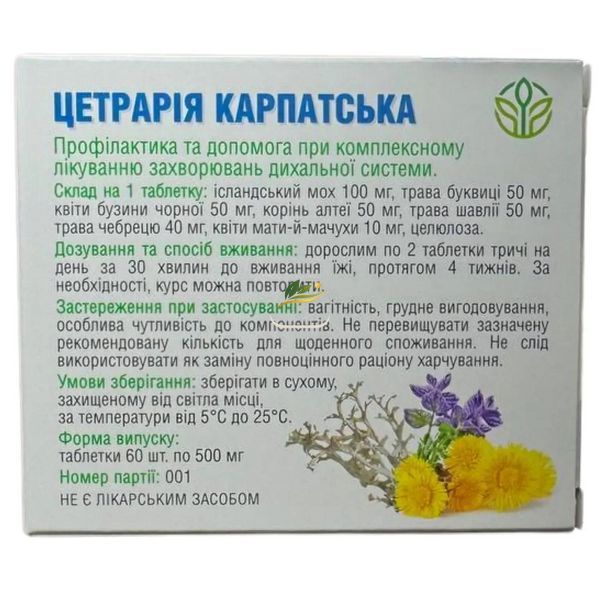 Цетрарія карпатська Рослина Карпат 60 таб. Для підтримки здоров'я дихальних шляхів РК0082 фото
